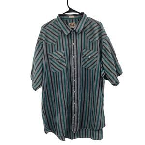 Vintage Ely Cattleman Green Gray Striped Pearl Snap Short Sleeve Light Shirt 3X